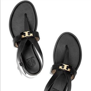 Tory Burch GIGI  Sandals Black gold Logo Leather Sz 8.5